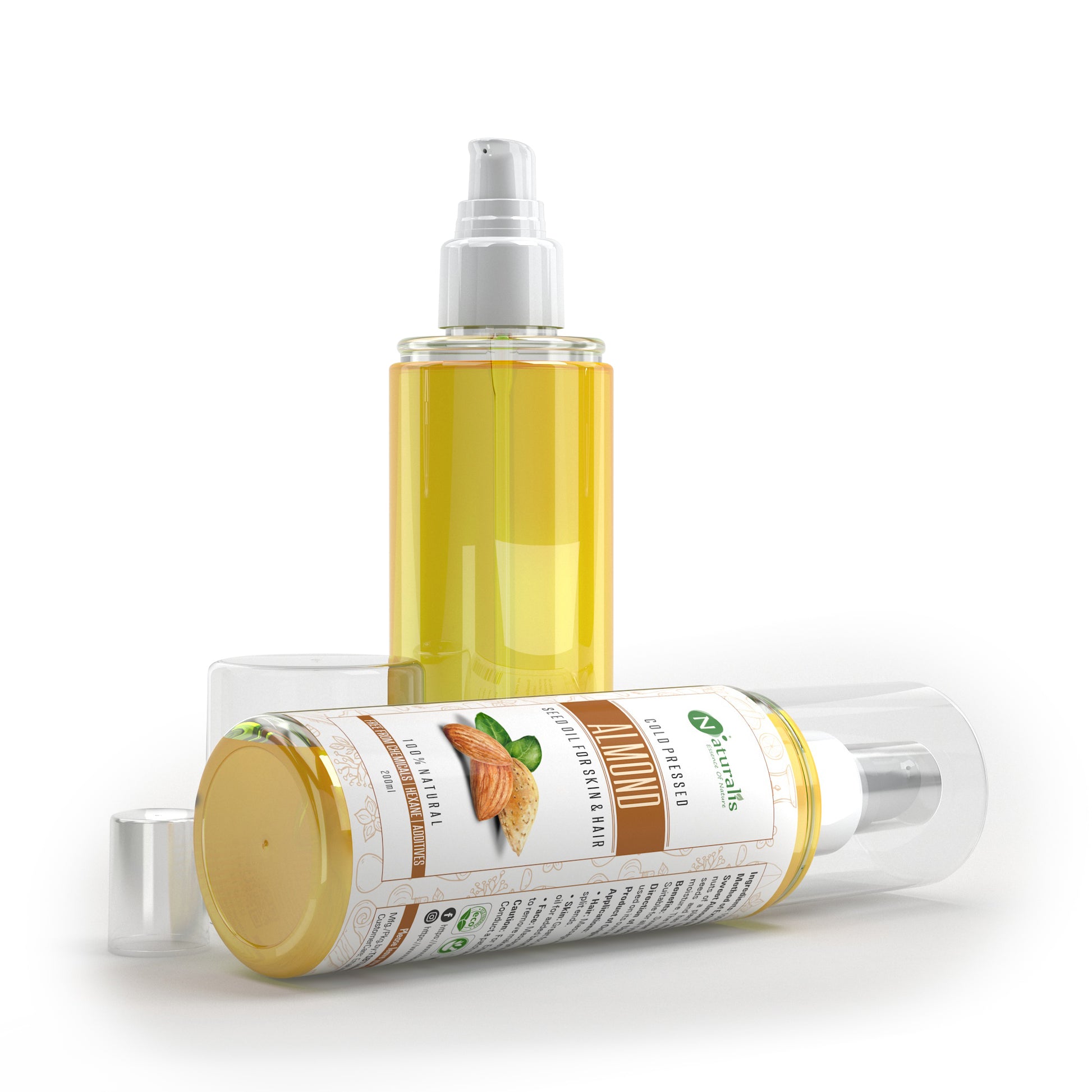 Cold Pressed Sweet Almond Carrier oil for Hair & Skin, 200 ml - Naturalis