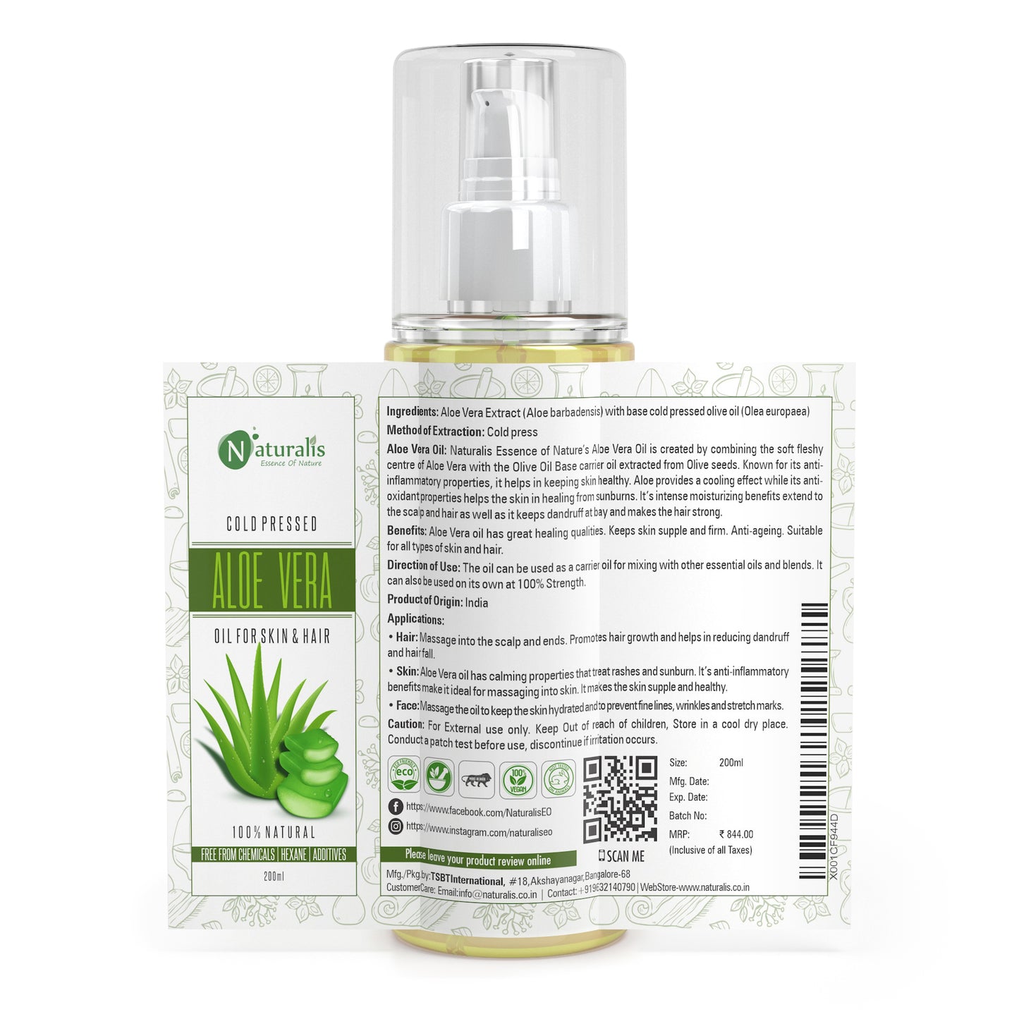 Aloe Vera Aloe Vera Carrier Oil for moisturizer & Dark Circles, 200ml - Naturalis