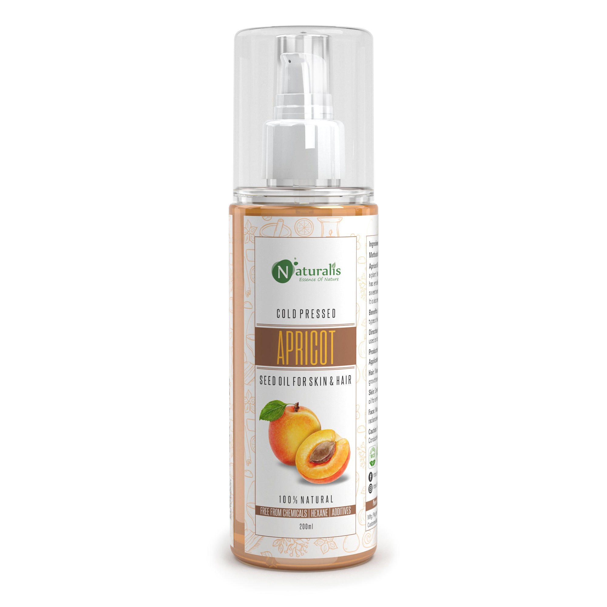 Cold pressed Apricot Carrier Oil for Skin & Face Moisturizer, Hair Growth, Aromatherapy Carrier Massage Oil, 200ml - Naturalis