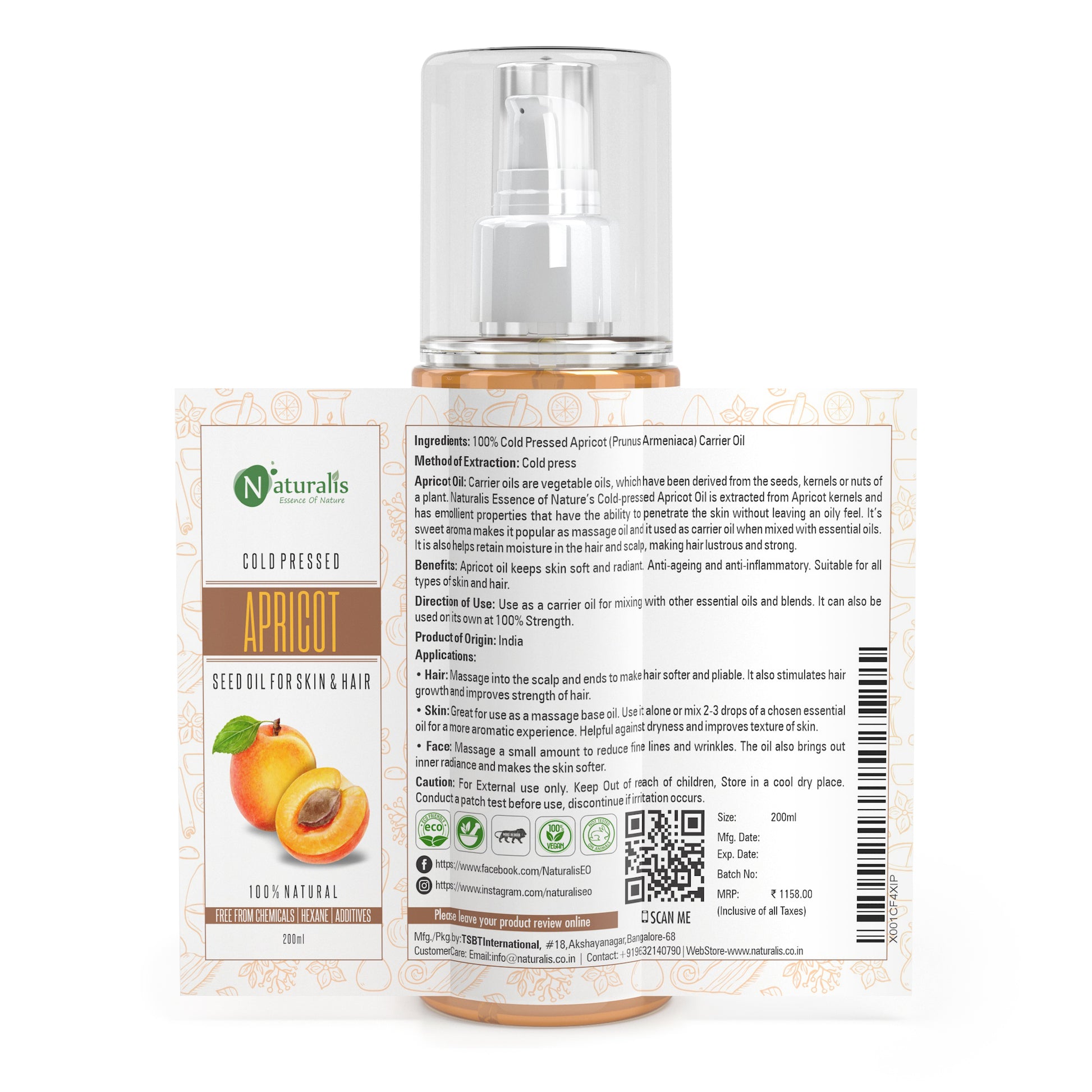 Cold pressed Apricot Carrier Oil for Skin & Face Moisturizer, Hair Growth, Aromatherapy Carrier Massage Oil, 200ml - Naturalis
