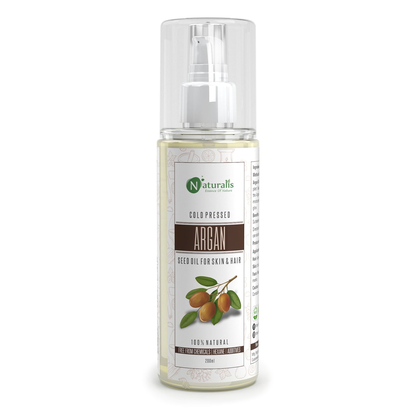 Argan Oil, Moroccan Cold Pressed Carrier Oil for for Hair, Skin & Anti-Ageing Face Care - 200ml - Naturalis