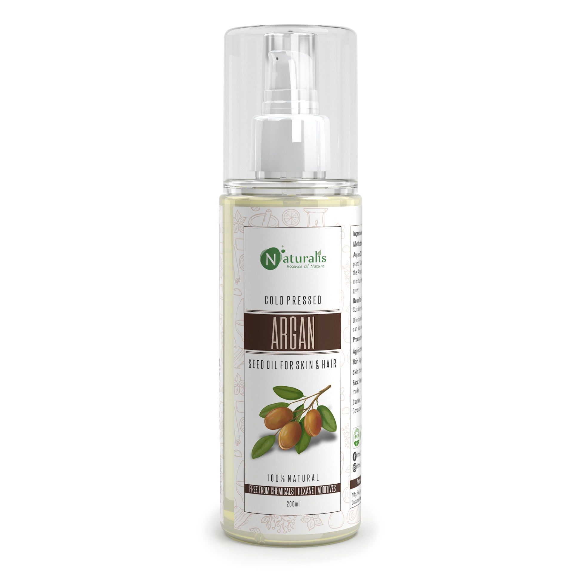 Argan Oil, Moroccan Cold Pressed Carrier Oil for for Hair, Skin & Anti-Ageing Face Care - 200ml - Naturalis