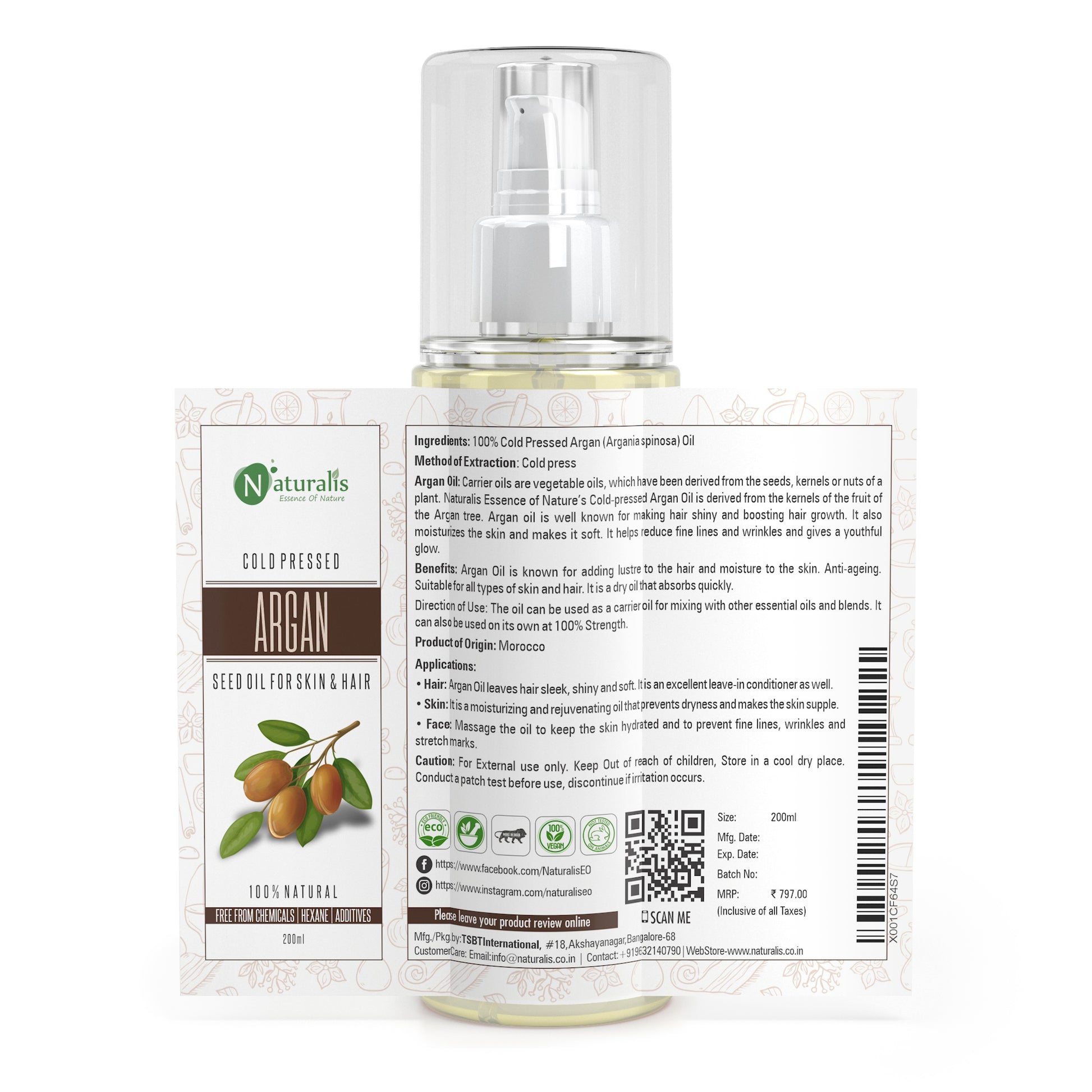 Argan Oil, Moroccan Cold Pressed Carrier Oil for for Hair, Skin & Anti-Ageing Face Care - 200ml - Naturalis