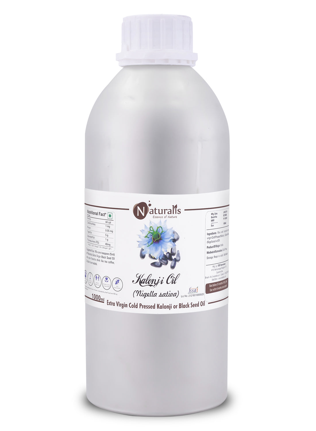 Naturalis extra virgin kalonji oil, 100% pure black seed oil — close-up