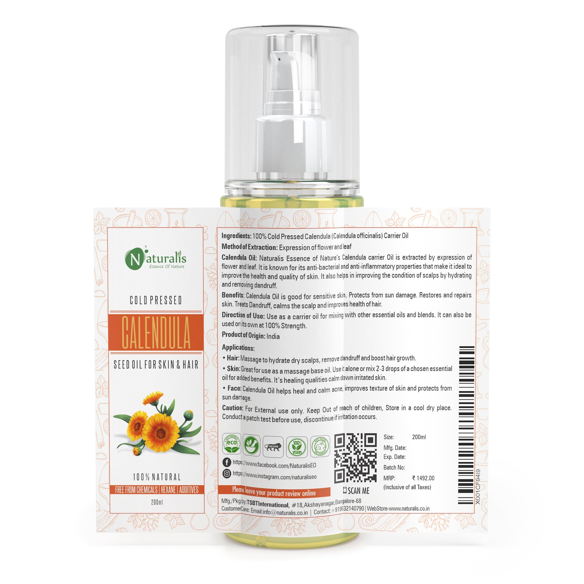 Calendula Carrier Oil for Skin care & Hair care, 200ml - Naturalis