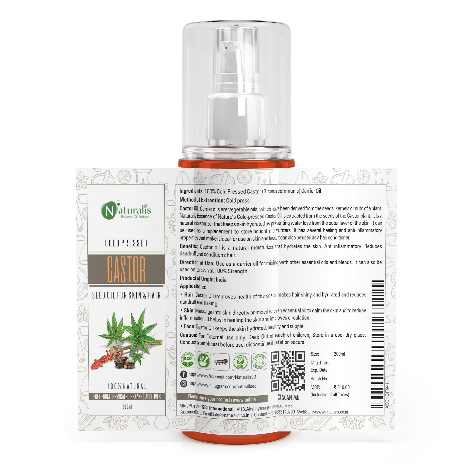 Cold Pressed Castor Carrier Oil Pure & Virgin for Hair Growth, Skin Care, Moisturizing Dry Skin and Nails, 200ml - Naturalis