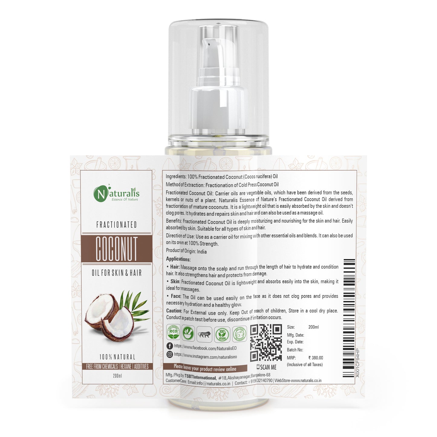 Fractionated Coconut Carrier Oil Natural Skin Moisturizer, Therapeutic, Odorless, 200ml - Naturalis