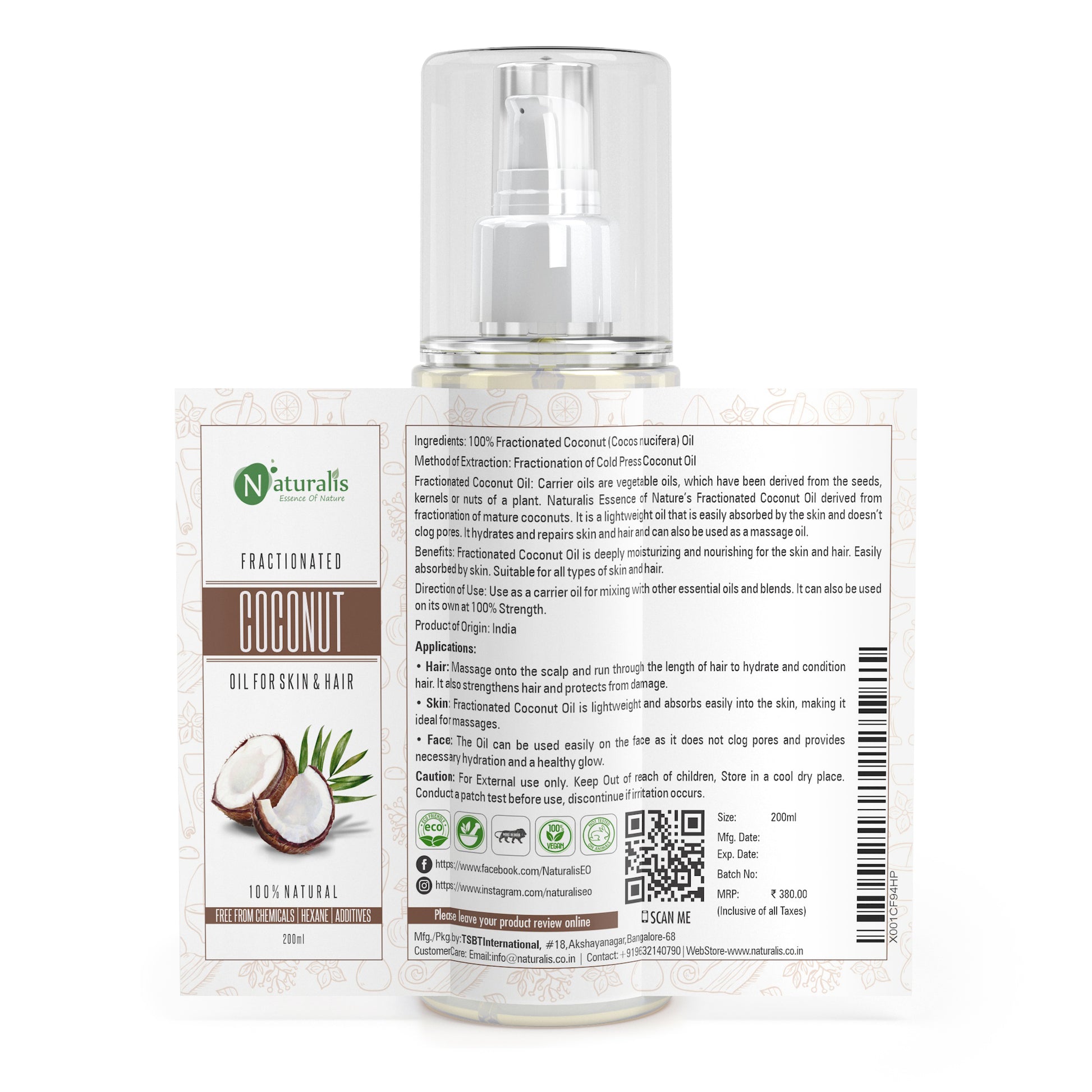 Fractionated Coconut Carrier Oil Natural Skin Moisturizer, Therapeutic, Odorless, 200ml - Naturalis