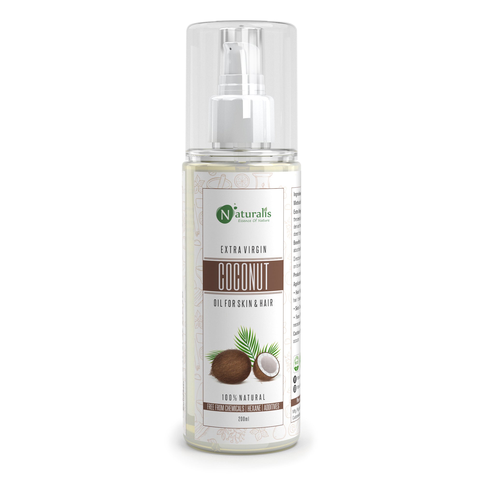 Extra Virgin Cold Pressed Raw Coconut Carrier Oil Natural Skin Moisturizer, for Hair, Skin and Face - Naturalis