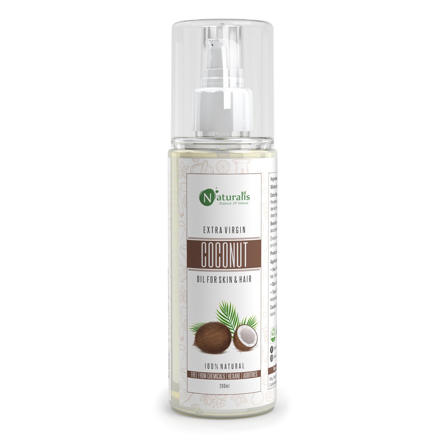 Extra Virgin Cold Pressed Raw Coconut Carrier Oil Natural Skin Moisturizer, for Hair, Skin and Face - Naturalis