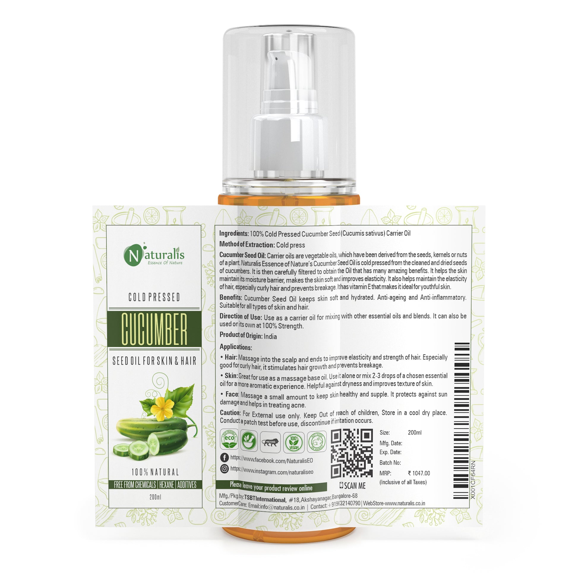 Cucumber Seed Carrier Oil, natural moisturizer for youthful skin, 200ml - Naturalis