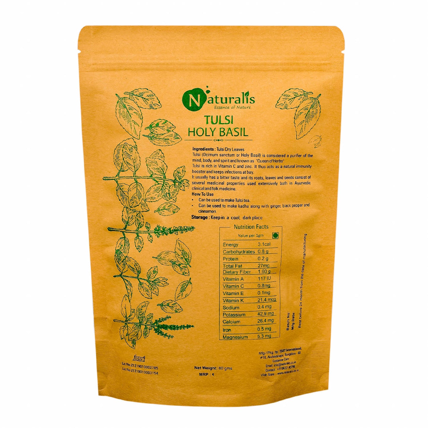 Naturalis Sun Dried Krishna Tulsi (Holy Basil) leaves granules for Tea, Kadha & Cooking - 80gms - Naturalis