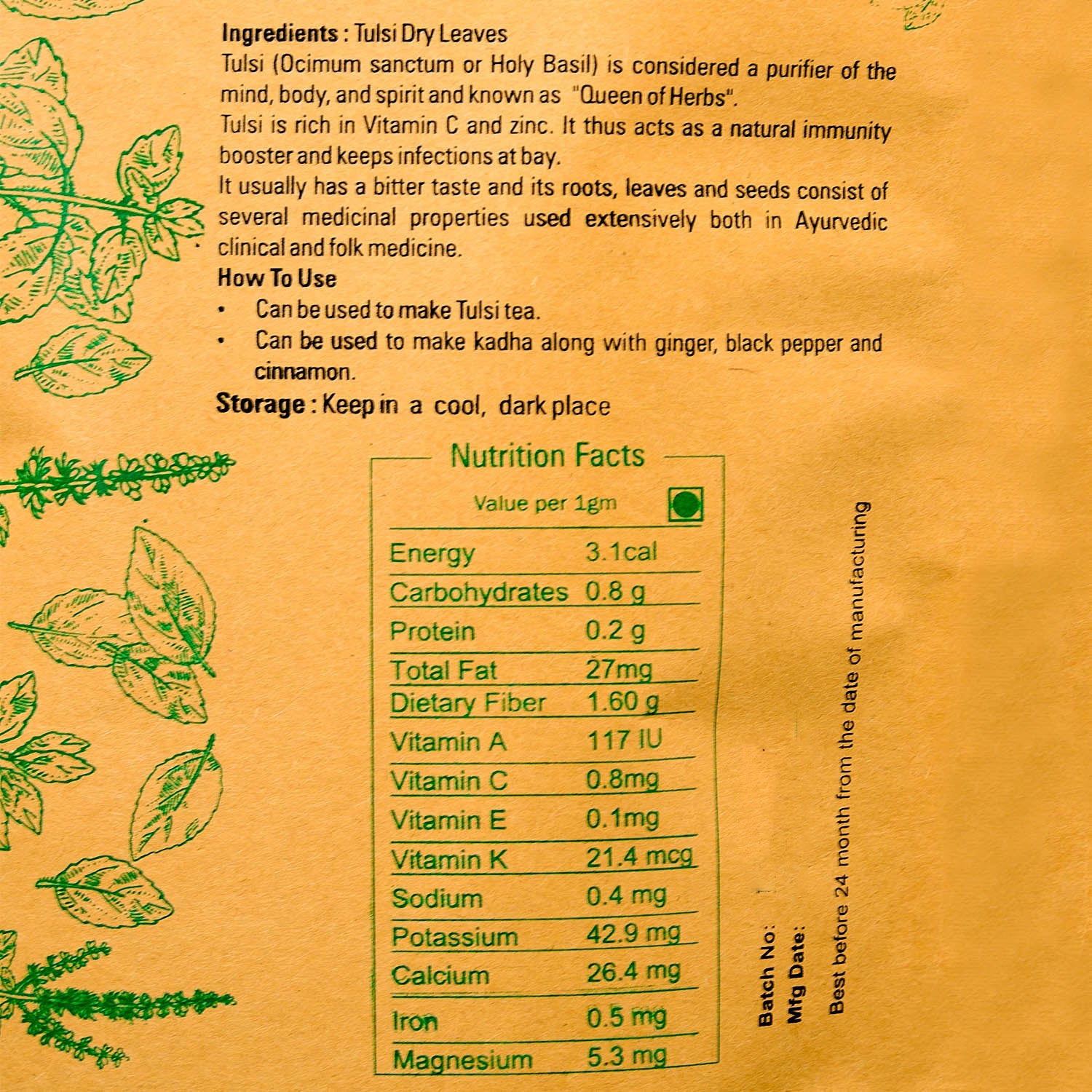 Naturalis Sun Dried Krishna Tulsi (Holy Basil) leaves granules for Tea, Kadha & Cooking - 80gms - Naturalis
