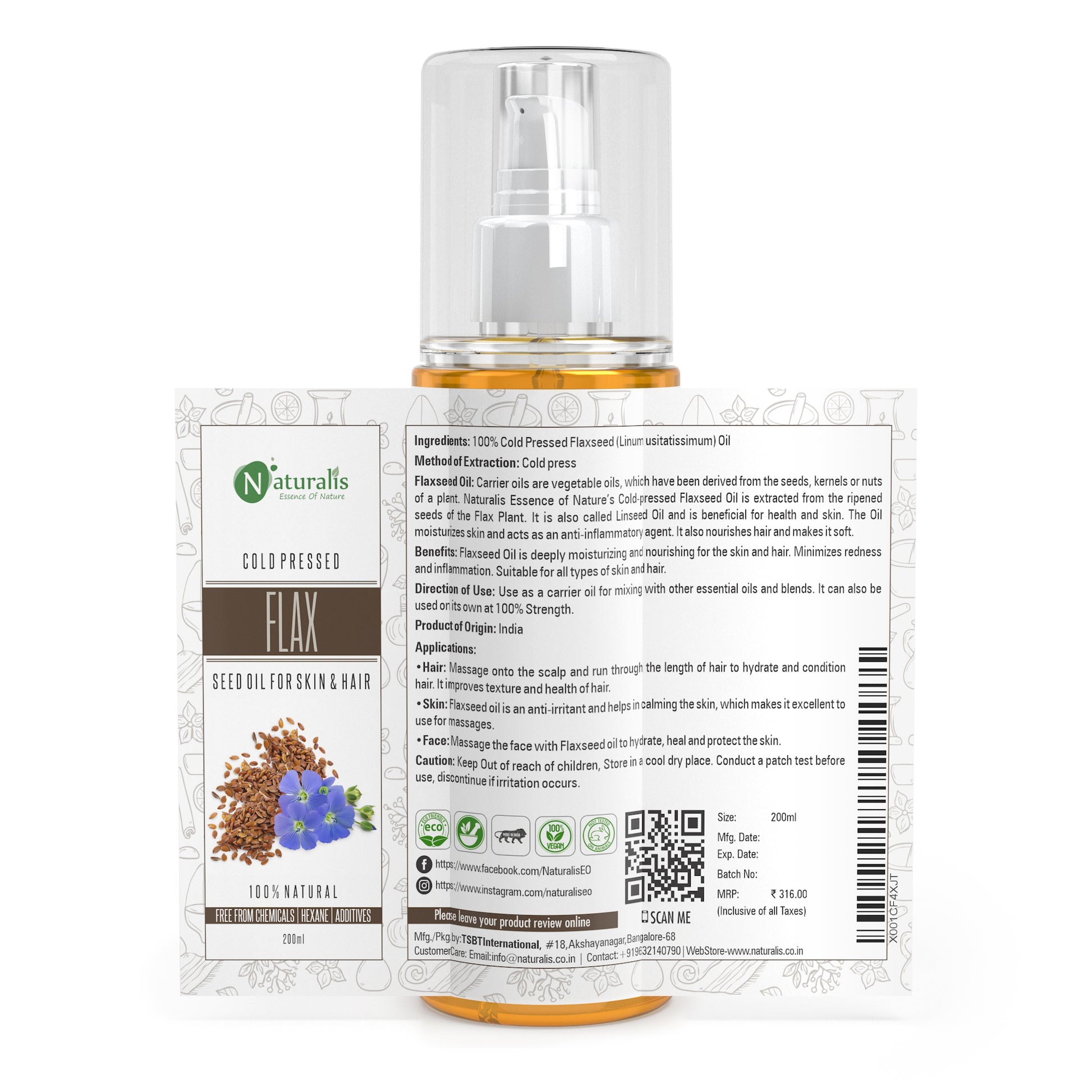 Cold pressed Flaxseed (Linseed) Carrier Oil Skin & Hair Growth, 200ml - Naturalis