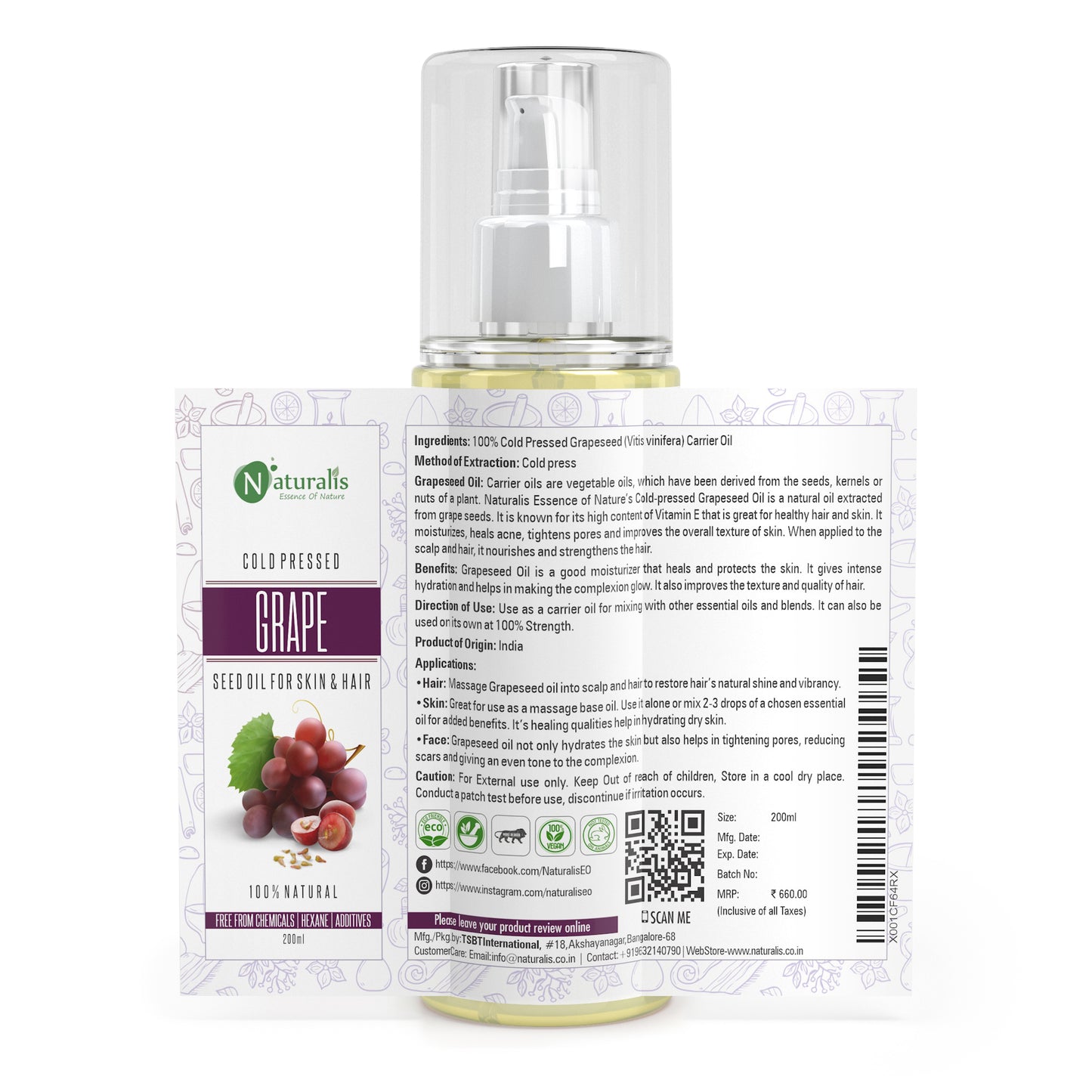 Cold Pressed Grapeseed Carrier Oil for Hair Growth, Skin Tightening, Face Massage and Acne, 200ml - Naturalis