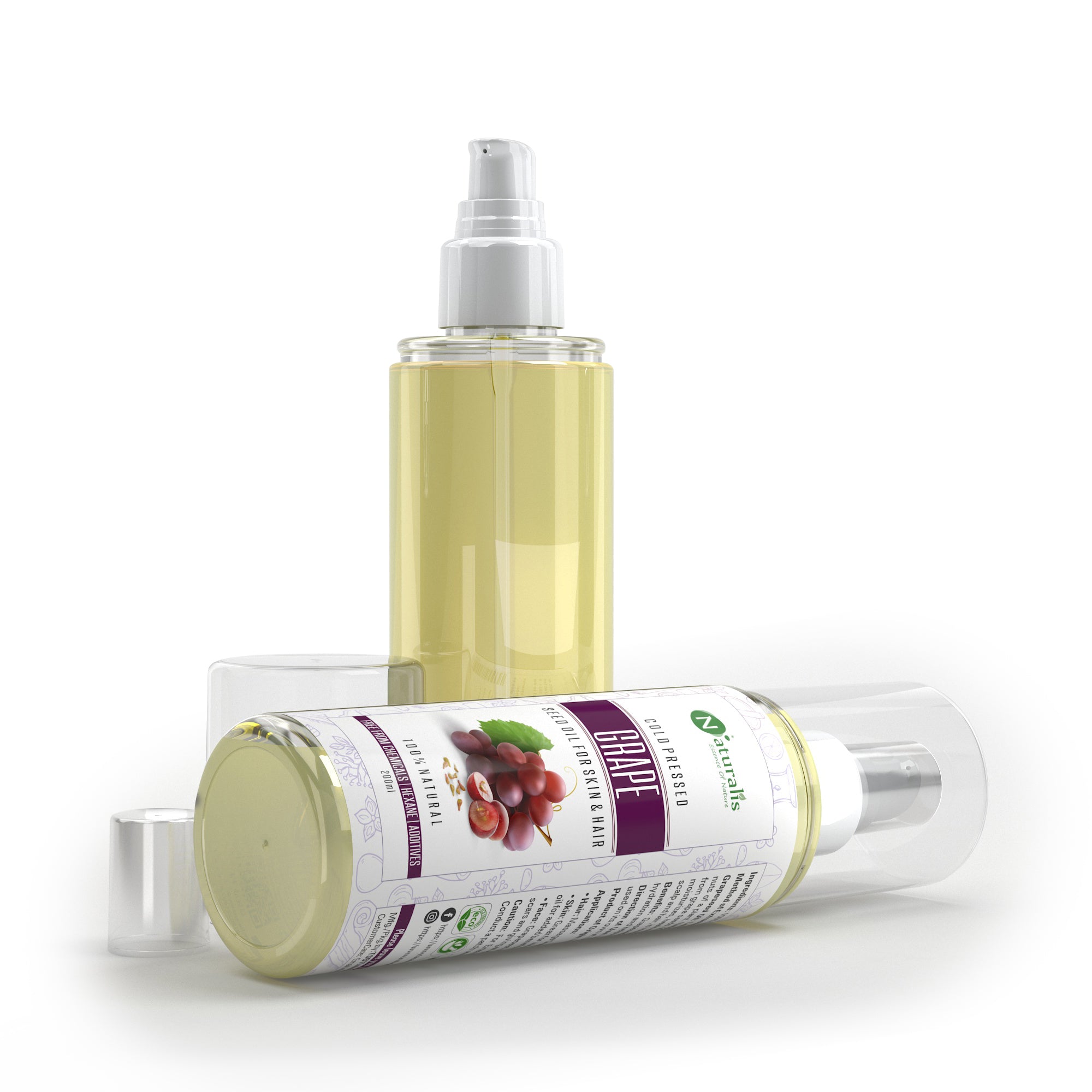 Cold Pressed Grapeseed Carrier Oil for Hair Growth, Skin Tightening, Face Massage and Acne, 200ml - Naturalis