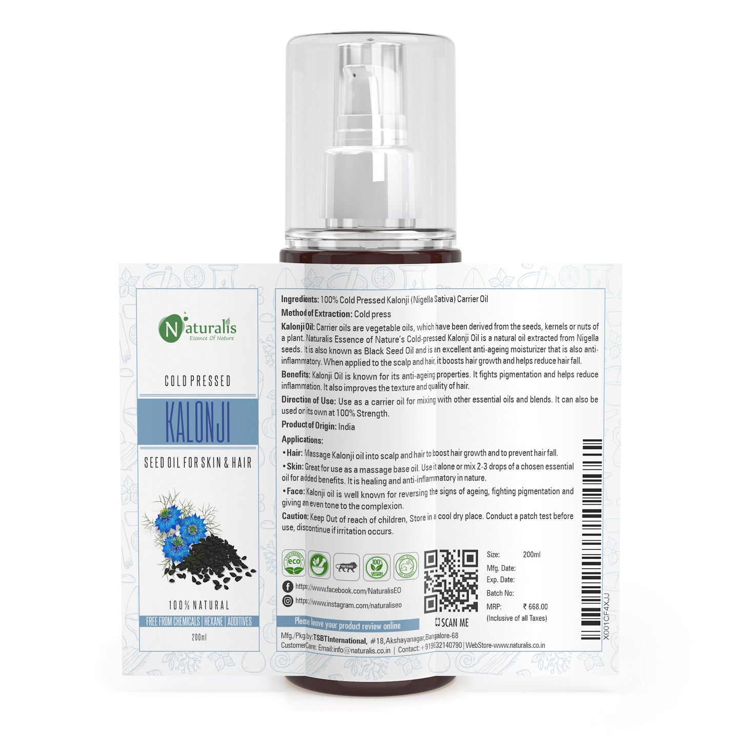 Cold Pressed Kalonji Carrier Oil for Hair, Skin and Health, 200ml - Naturalis