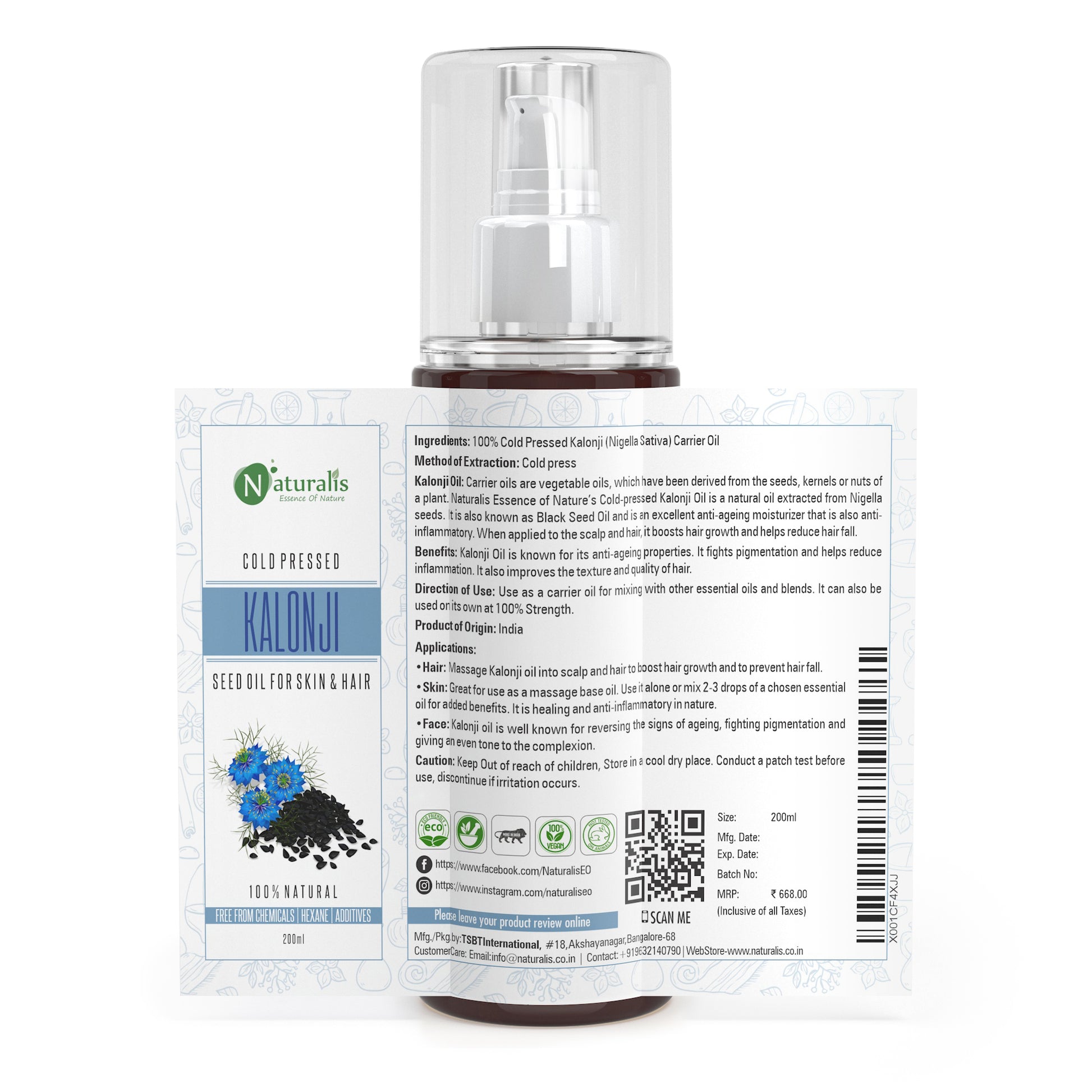 Cold Pressed Kalonji Carrier Oil for Hair, Skin and Health, 200ml - Naturalis