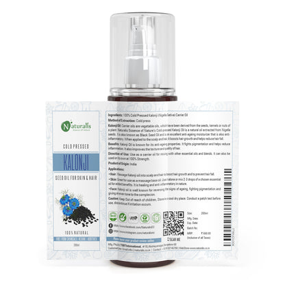 Cold Pressed Kalonji Carrier Oil for Hair, Skin and Health, 200ml - Naturalis