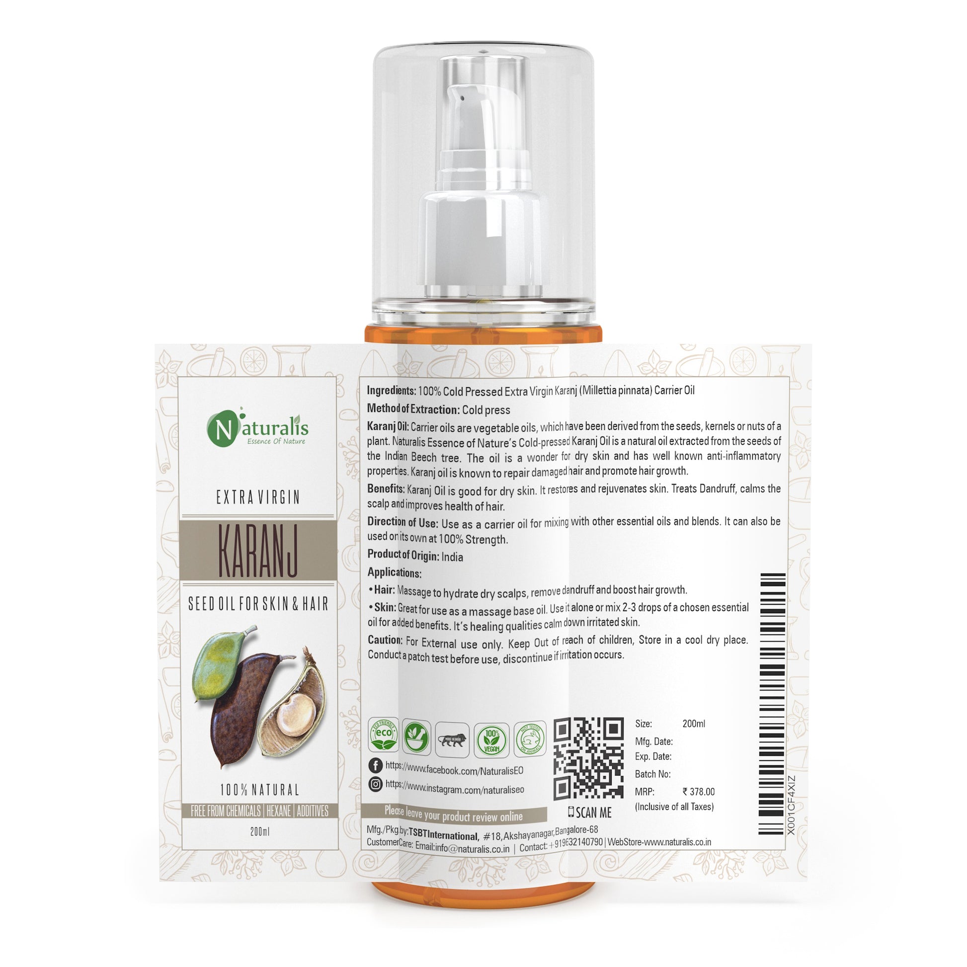 Cold Pressed Karanj Carrier Oil for Hair and Skin, 200ml - Naturalis