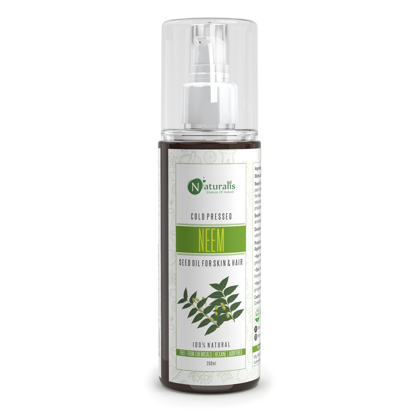 Cold Pressed Neem Carrier Oil Antiseptic, Antifungal oil for Hair Growth, Dandruff and Itchy Scalp, 200ml - Naturalis