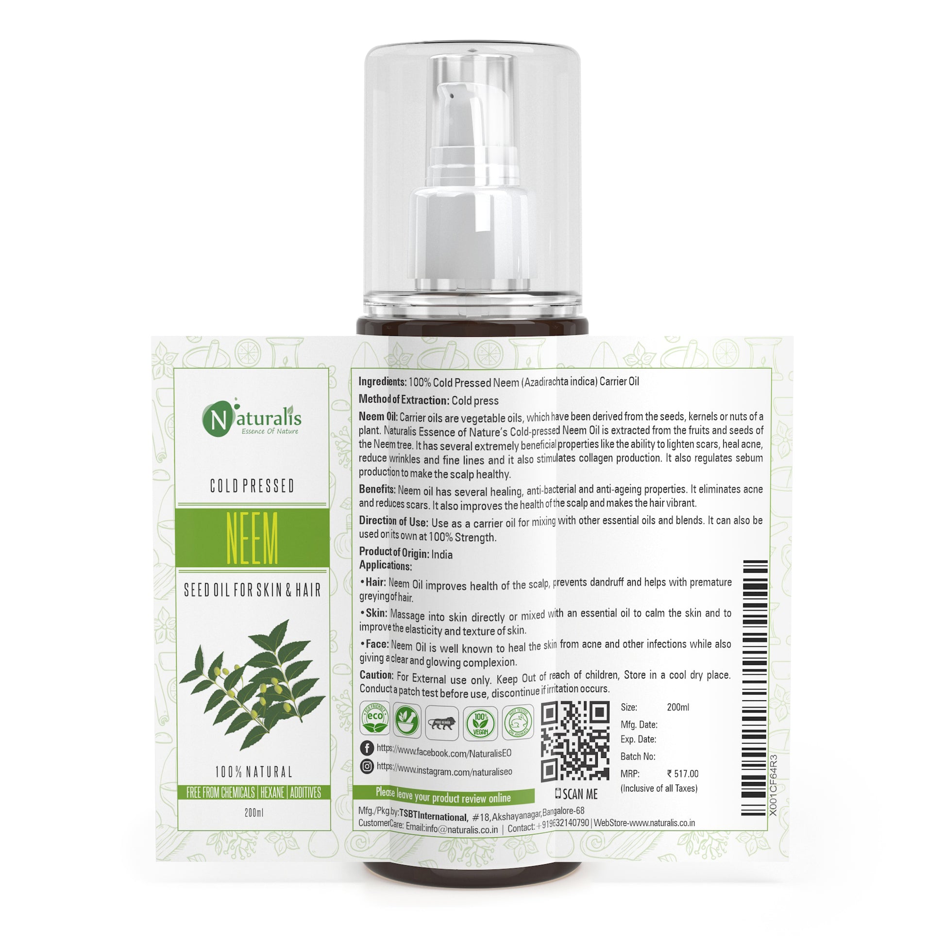 Cold Pressed Neem Carrier Oil Antiseptic, Antifungal oil for Hair Growth, Dandruff and Itchy Scalp, 200ml - Naturalis
