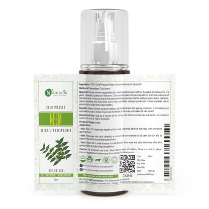 Cold Pressed Neem Carrier Oil Antiseptic, Antifungal oil for Hair Growth, Dandruff and Itchy Scalp, 200ml - Naturalis