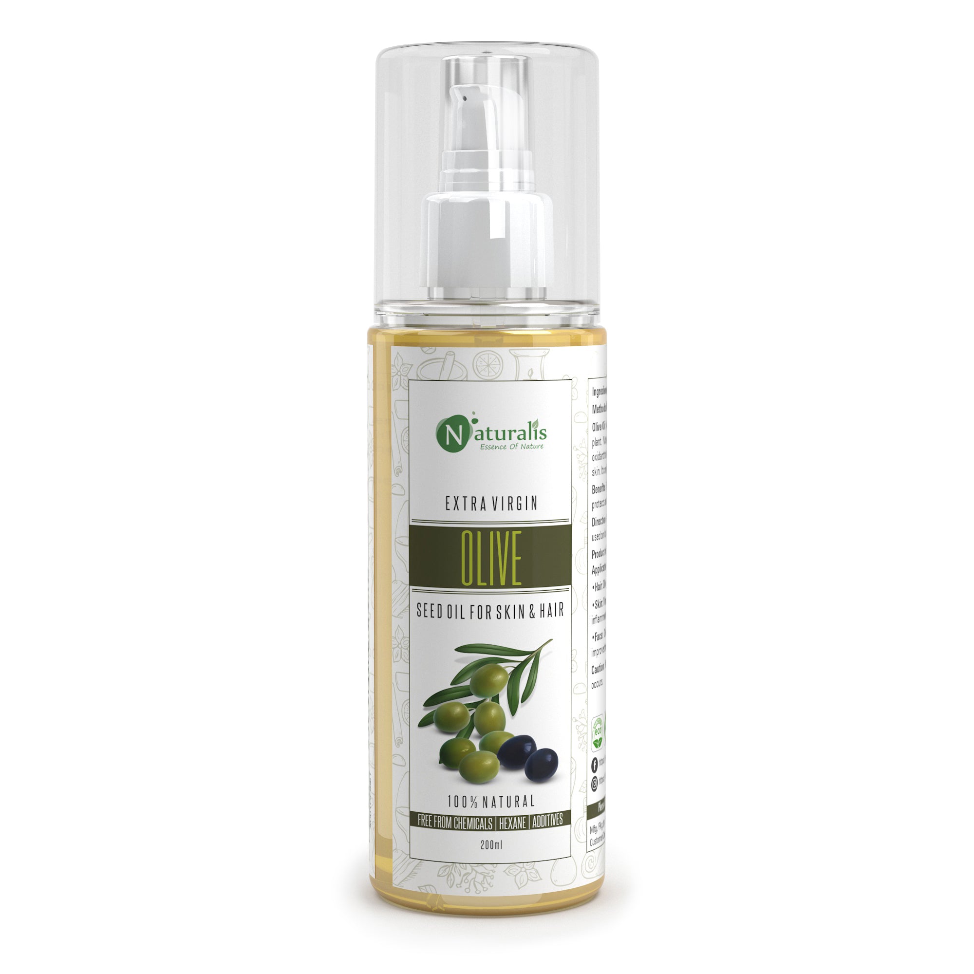 Cold Pressed Extra Virgin Olive Carrier Oil For Hair, Skin, Face and Massage 200ml - Naturalis