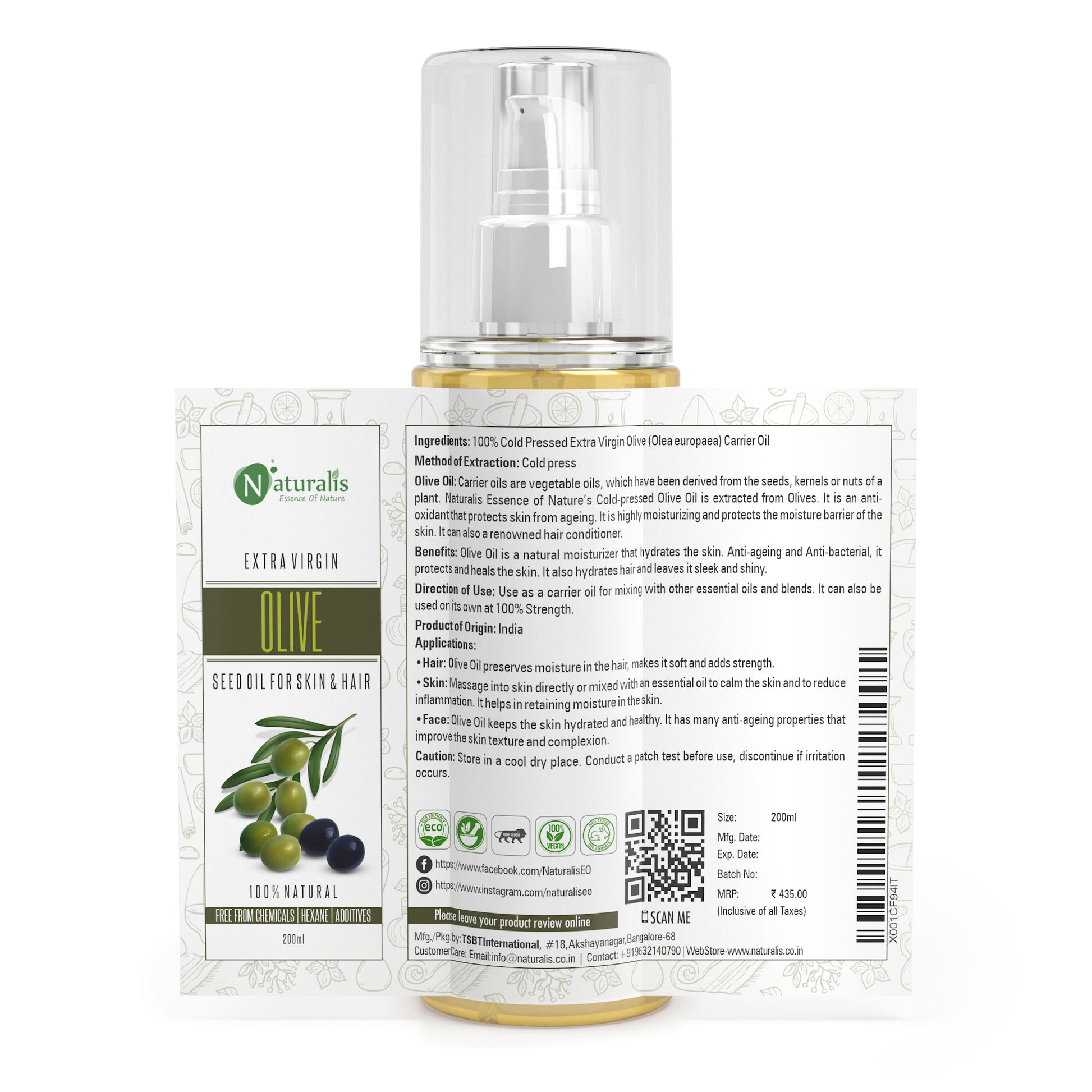 Cold Pressed Extra Virgin Olive Carrier Oil For Hair, Skin, Face and Massage 200ml - Naturalis