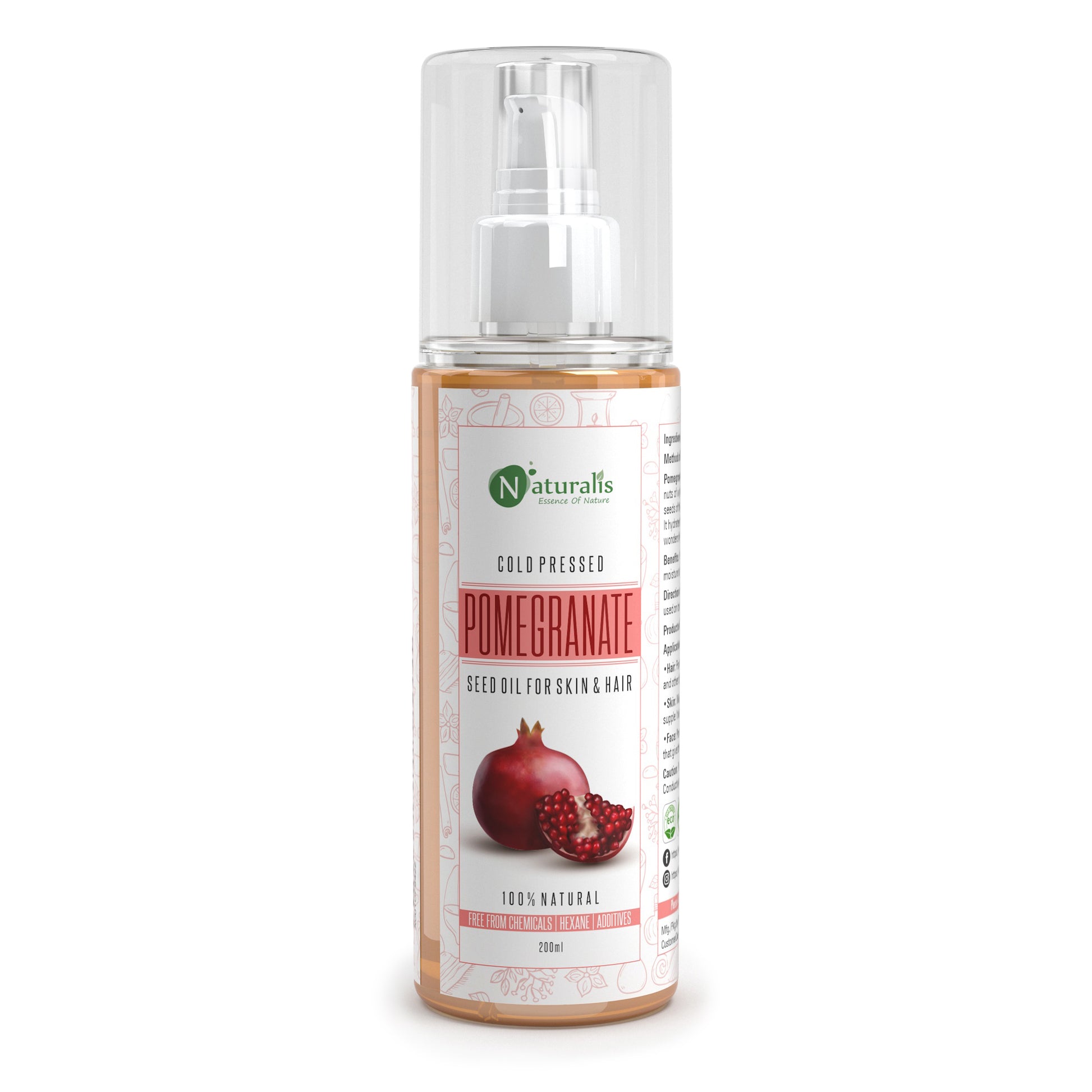 Cold Pressed Pomegranate Carrier Oil for Skin and Hair, 200ml - Naturalis