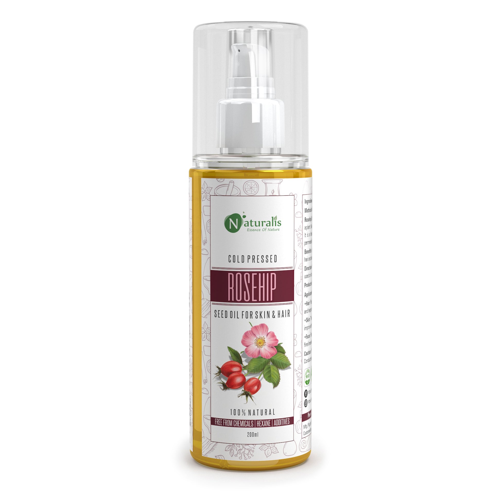 Cold Pressed Rosehip Carrier Oil for Skin Lightening, Pigmentation, Stretch Marks, Acne Scars, Wrinkles, Aging, 200 ml - Naturalis