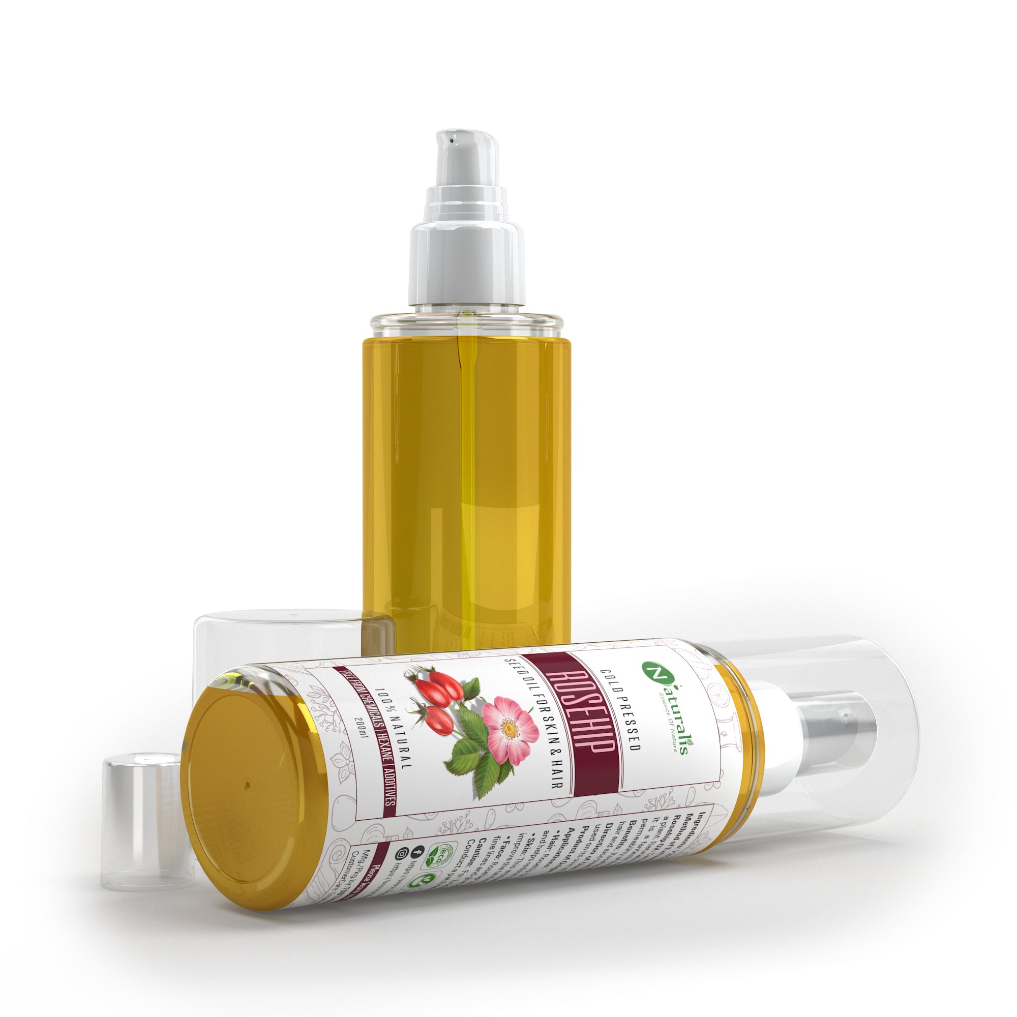 Cold Pressed Rosehip Carrier Oil for Skin Lightening, Pigmentation, Stretch Marks, Acne Scars, Wrinkles, Aging, 200 ml - Naturalis