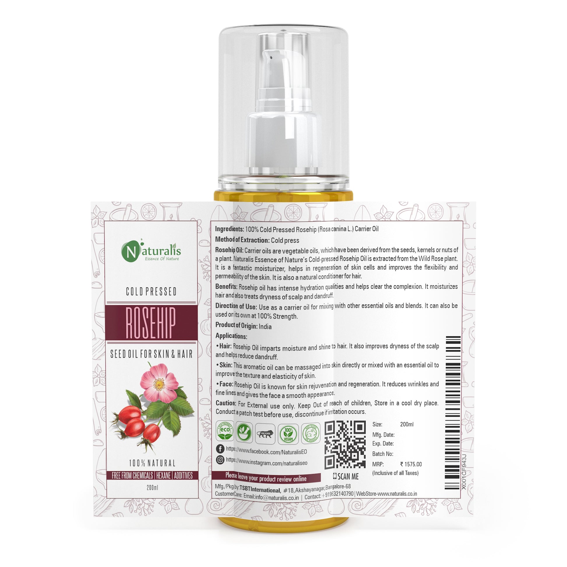 Cold Pressed Rosehip Carrier Oil for Skin Lightening, Pigmentation, Stretch Marks, Acne Scars, Wrinkles, Aging, 200 ml - Naturalis