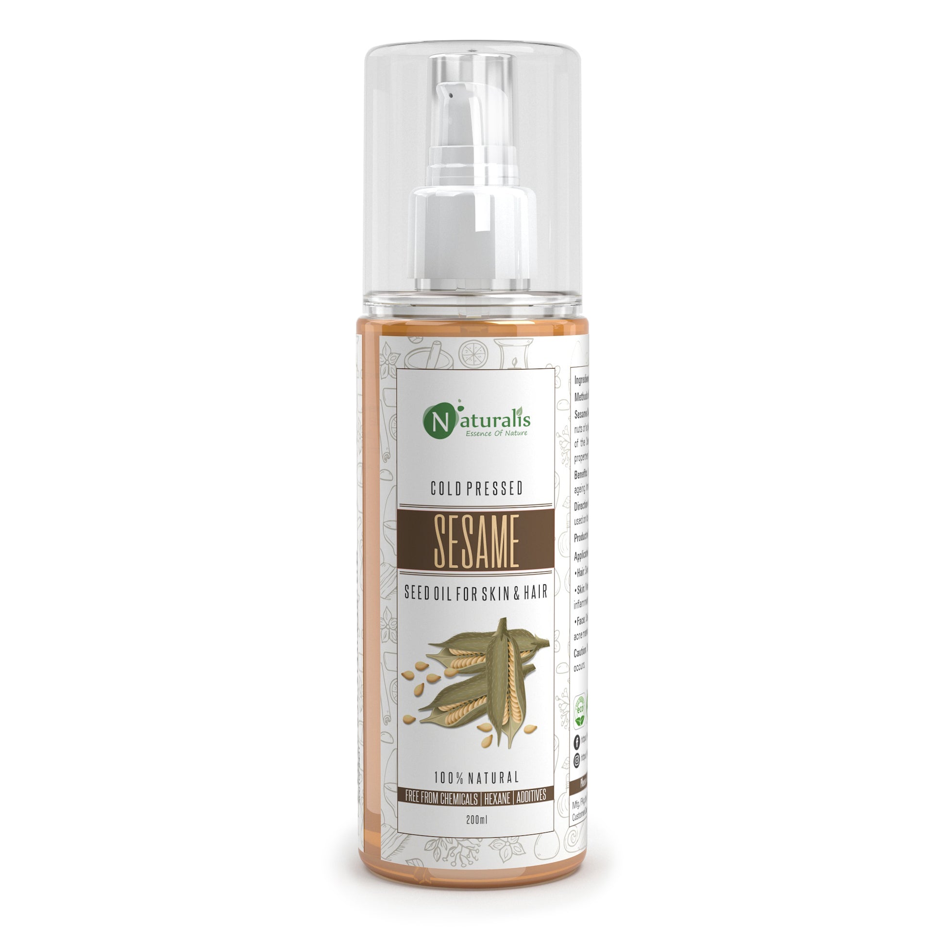 Cold Pressed Sesame Seed Carrier Oil For Hair, Body, Skin Care, Massage, 200ml - Naturalis