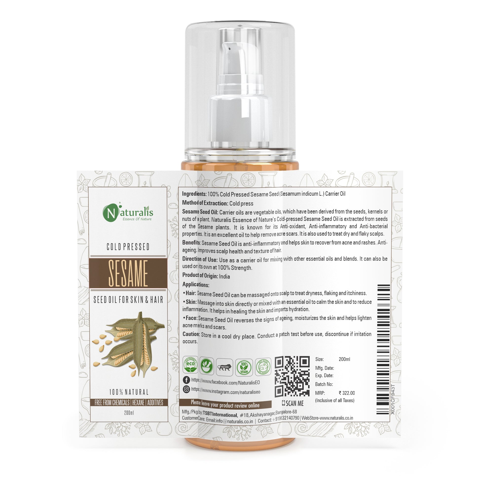 Cold Pressed Sesame Seed Carrier Oil For Hair, Body, Skin Care, Massage, 200ml - Naturalis