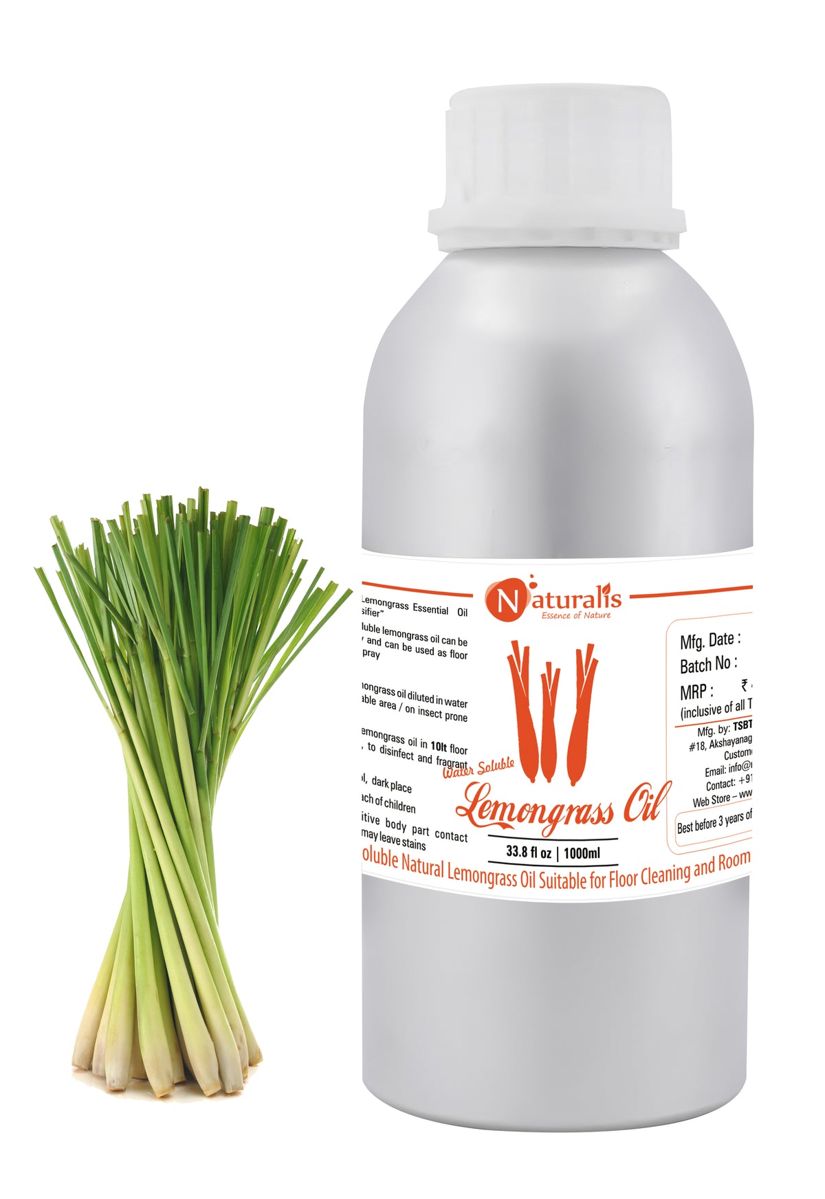Naturalis natural lemongrass oil, water soluble, for room spray use — side view