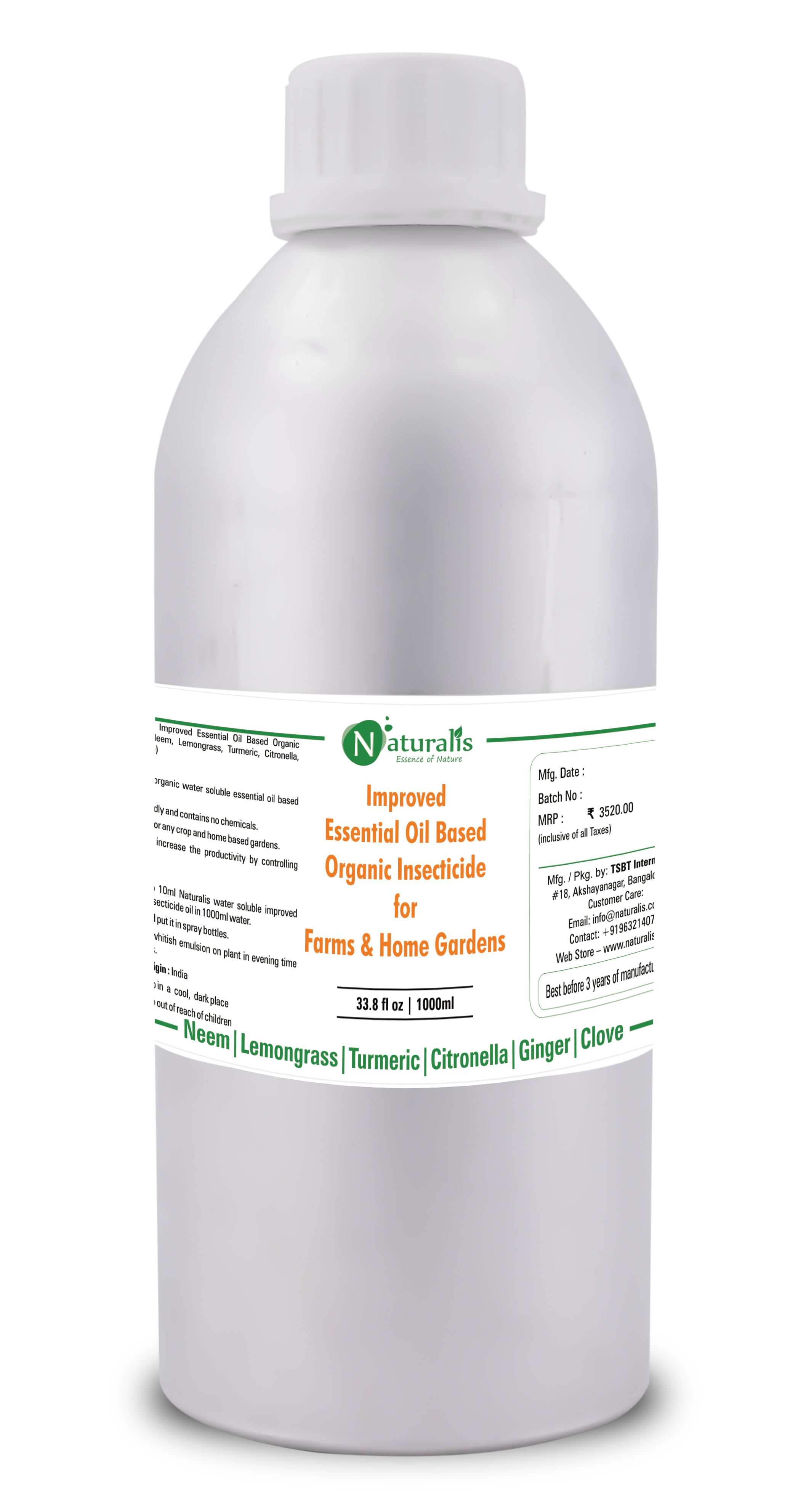 Naturalis New Improved Essential Oil Based Organic Insecticide (Neem, Lemongrass, Citronella, Turmeric) Farms & Home Gardens - Naturalis