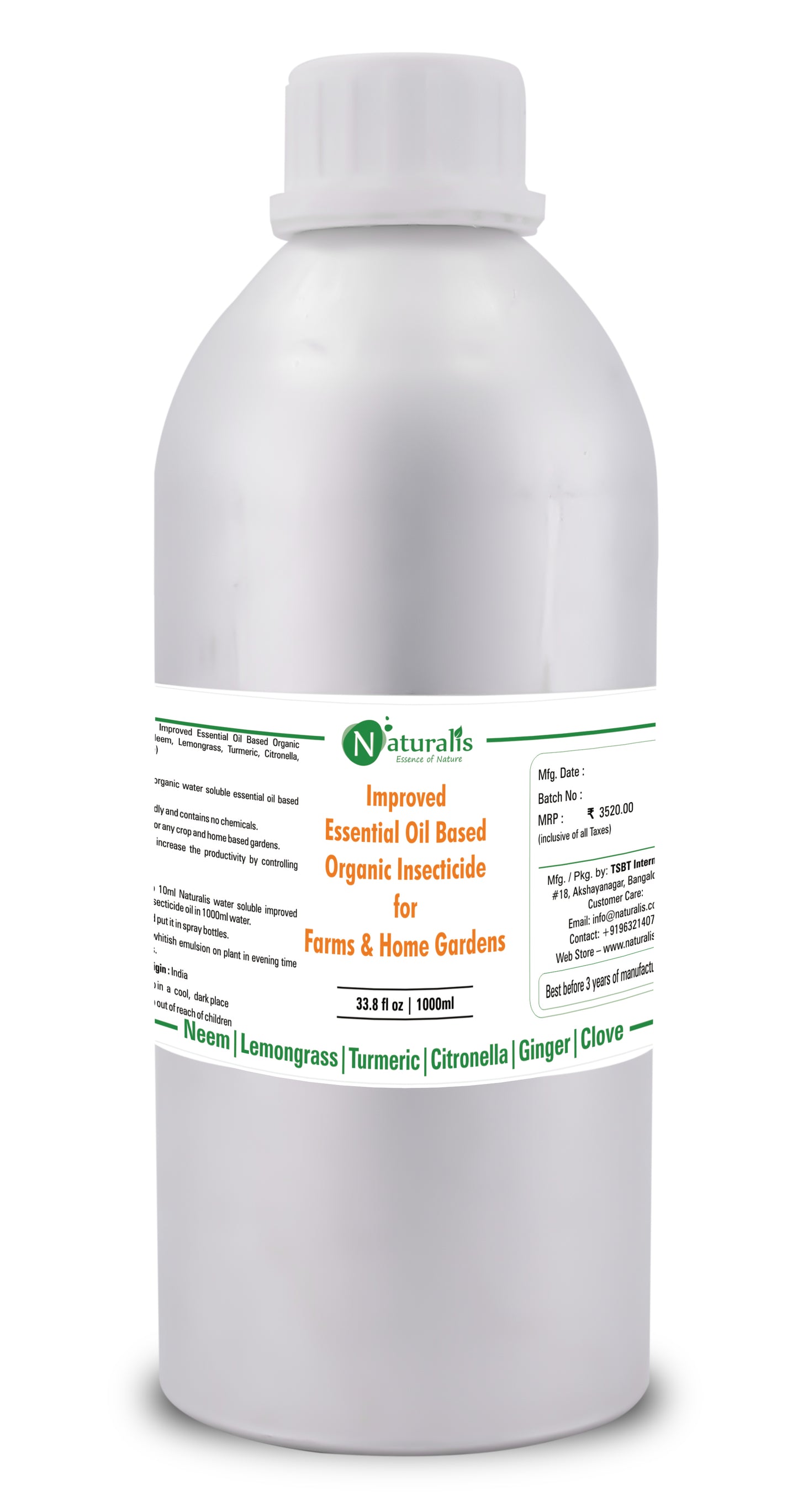 Naturalis New Improved Essential Oil Based Organic Insecticide (Neem, Lemongrass, Citronella, Turmeric) Farms & Home Gardens - Naturalis