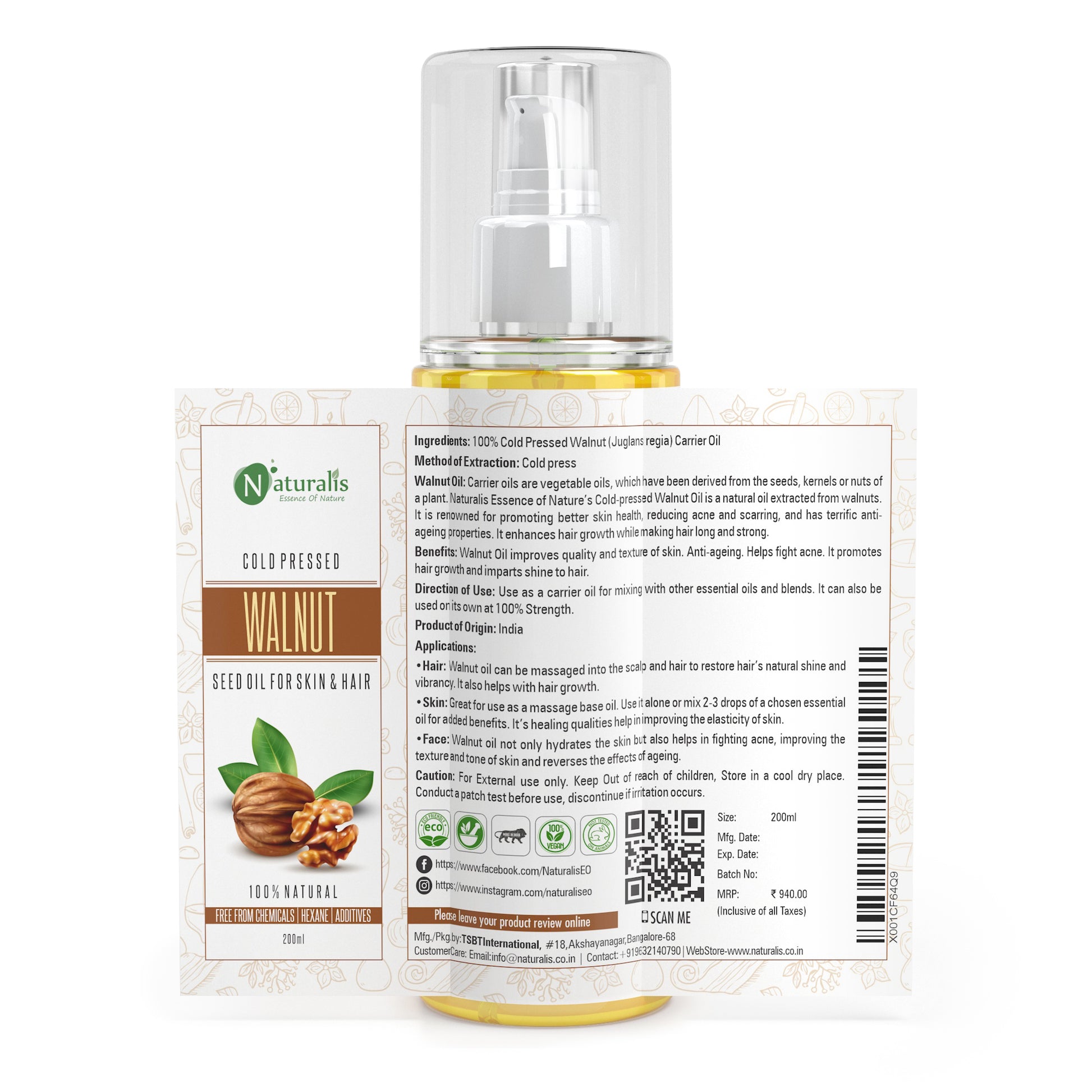 Cold Pressed Walnut Carrier Oil for Hair & Skin Care, 200ml - Naturalis