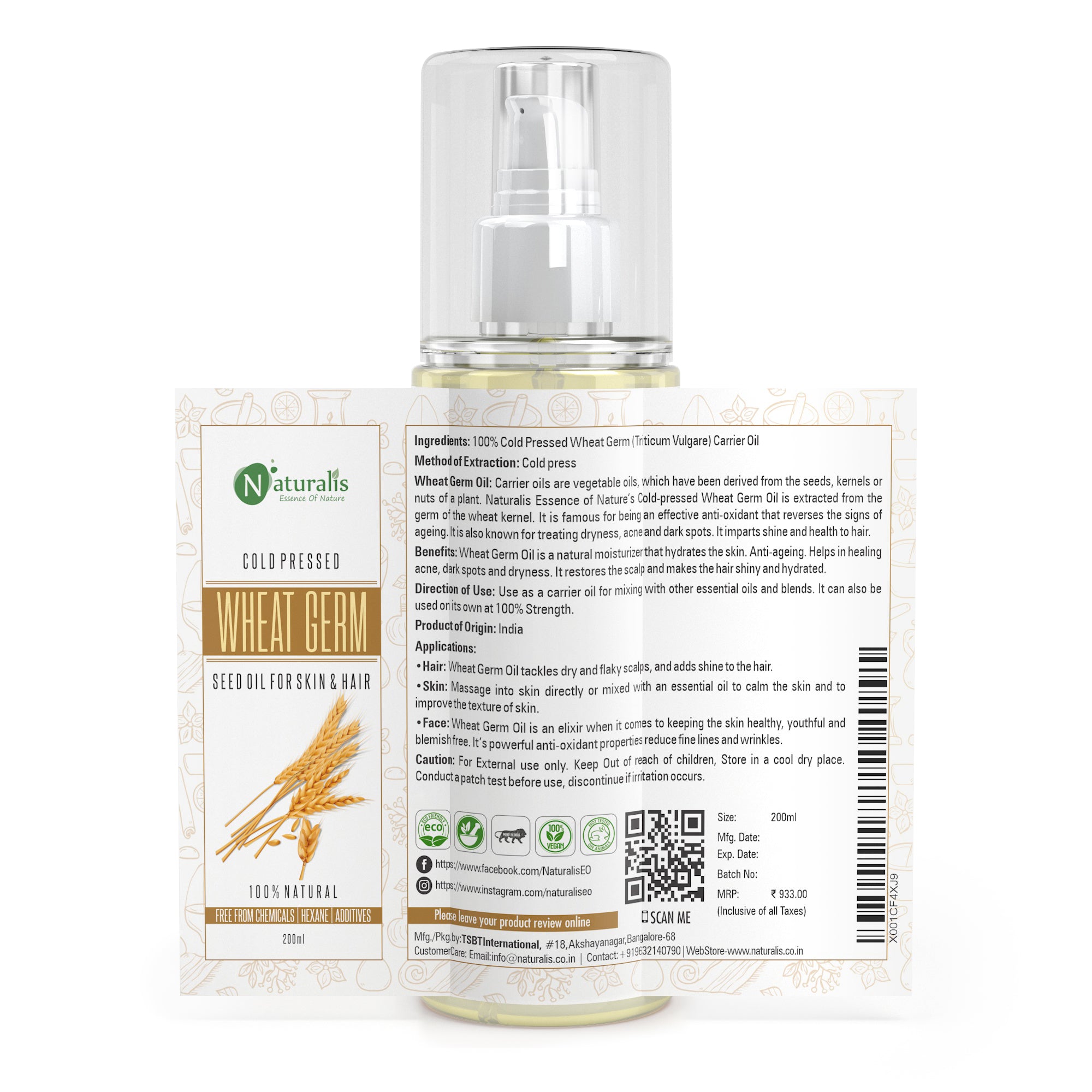 Cold Pressed Wheat Germ Carrier Oil for Skin & Hair Care, 200ml - Naturalis