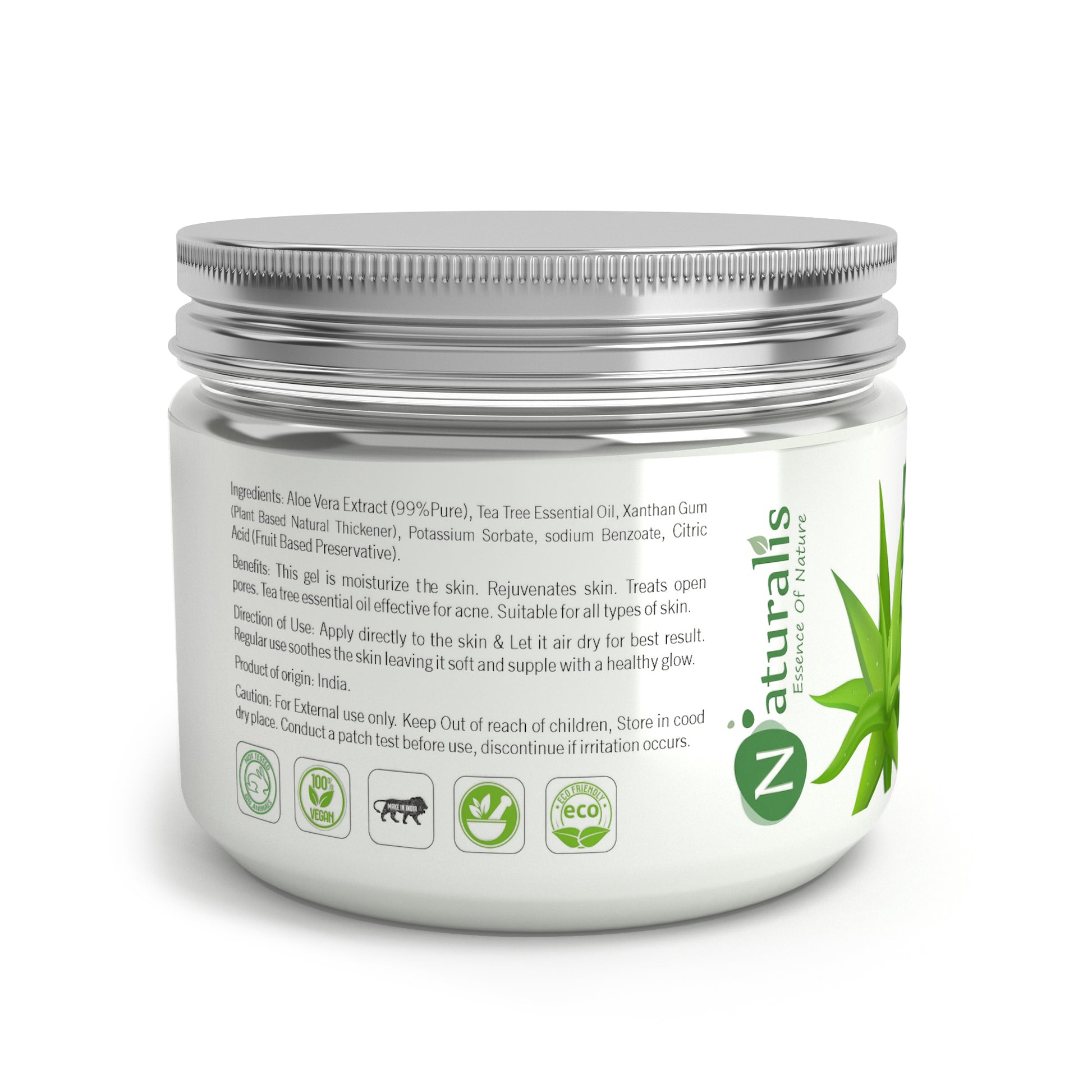 Naturalis Essence of Nature Aloe Vera Gel with Natural Tea Tree Essential Oil - 100% Pure Natural - Ideal for Skin, Face, Acne Scars, Hair Care & Dark Circles - Naturalis