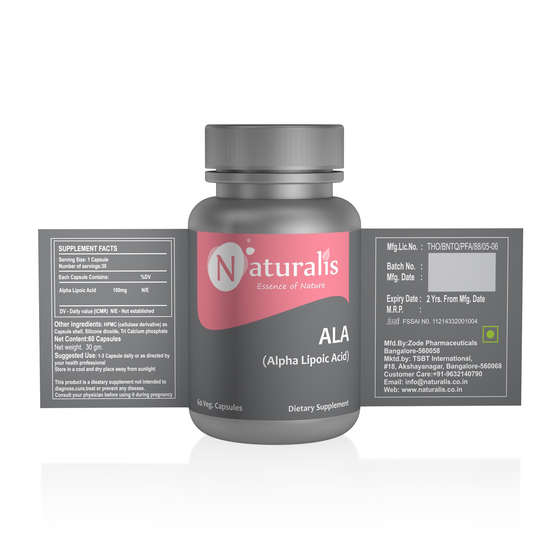 Naturalis Essence of Nature Alpha Lipoic Acid (ALA) 100 mg - 60 Veg Capsules - Naturalis