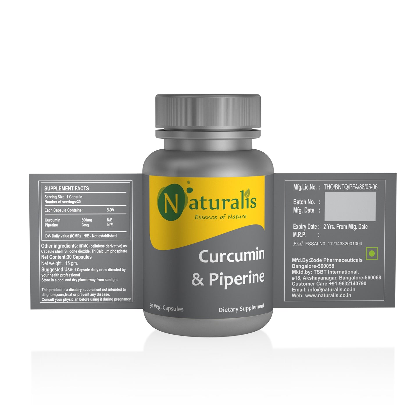 Turmeric Curcumin (95% Curcuminoids)  with Piperine, 30 Plant-Based Capsules, Non-GMO & Gluten Free (500mg) - Naturalis