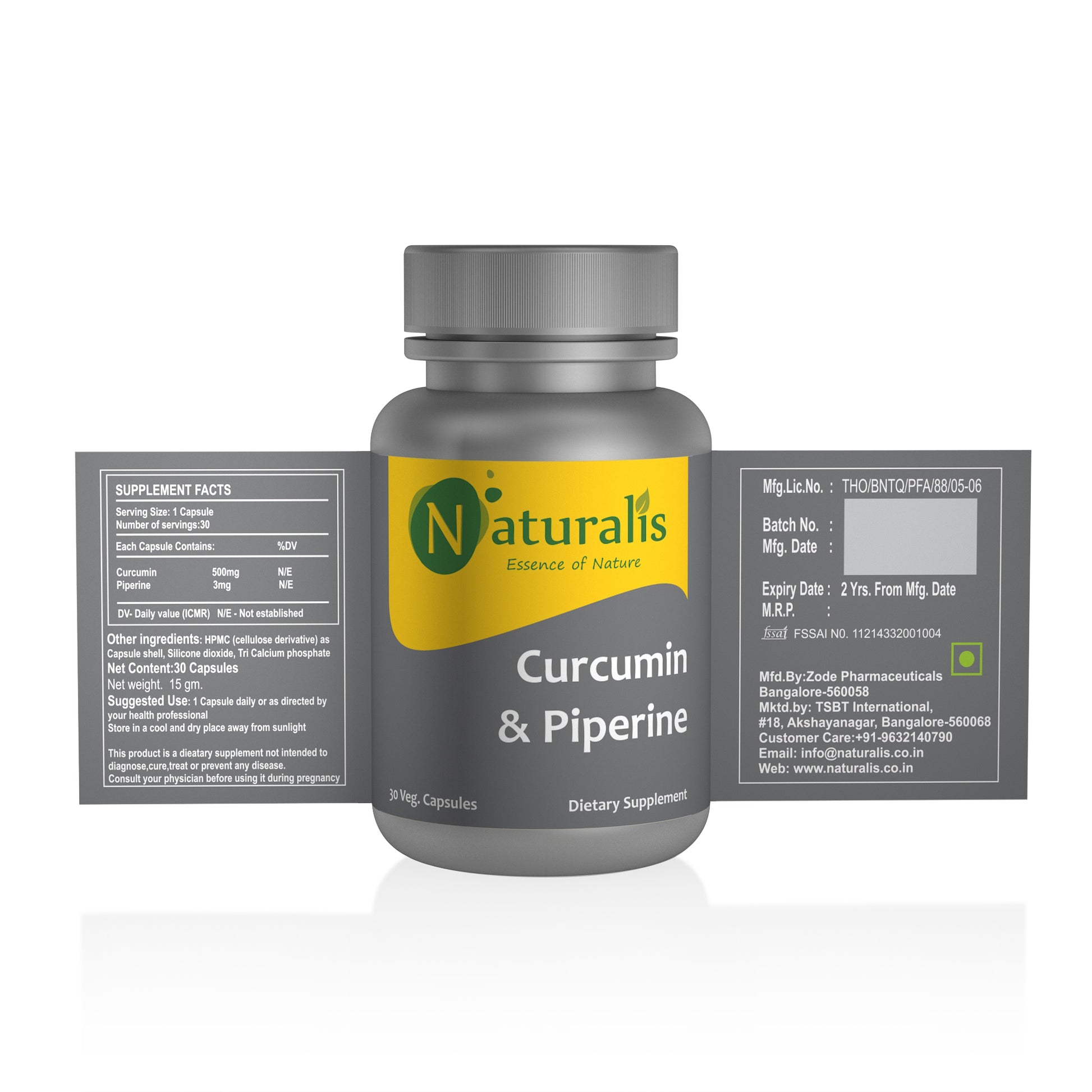 Turmeric Curcumin (95% Curcuminoids)  with Piperine, 30 Plant-Based Capsules, Non-GMO & Gluten Free (500mg) - Naturalis