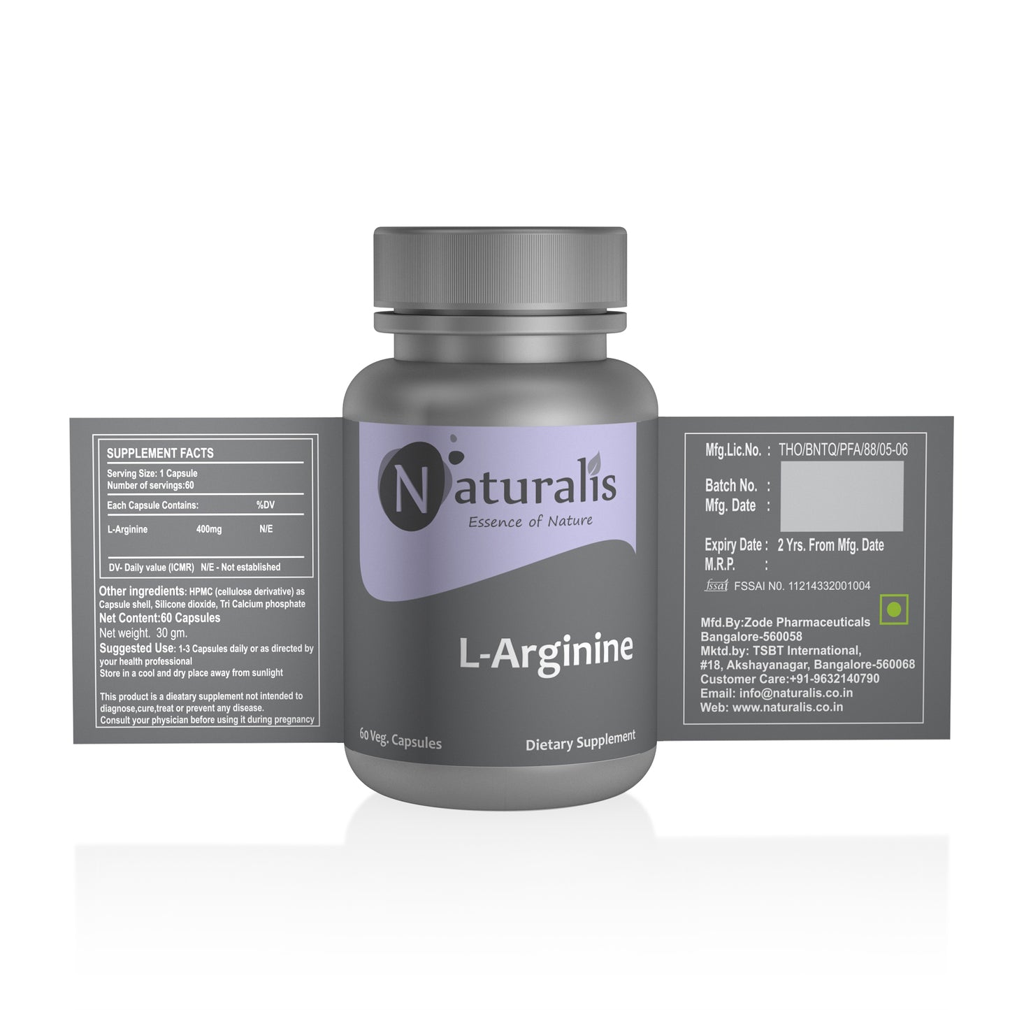 Naturalis Essence of Nature L-Arginine 400 mg (for Muscle-Building, Stamina and Endurance) – 60 Veg capsules - Naturalis
